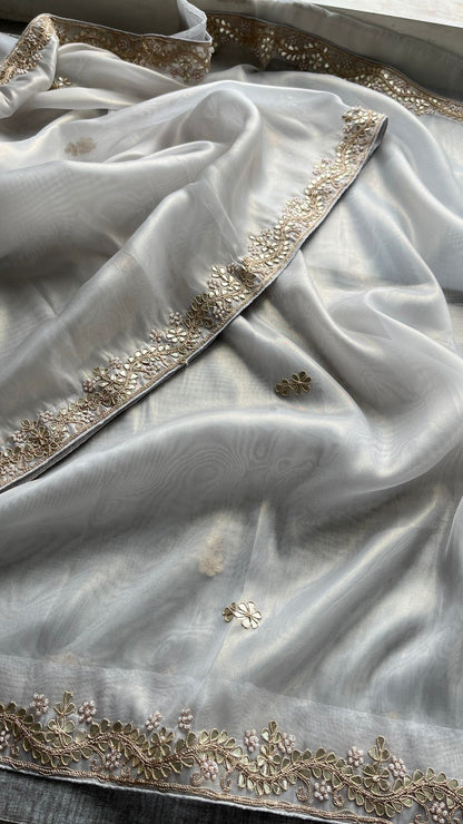 Soft Tissue Silk Saree with Gotapatti, Zardozi & Pearl Embellishments