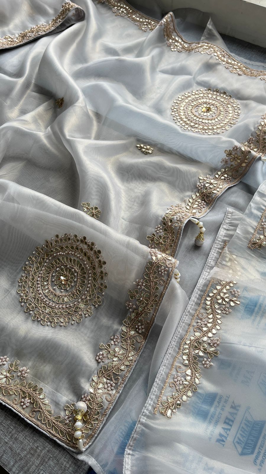 Soft Tissue Silk Saree with Gotapatti, Zardozi & Pearl Embellishments