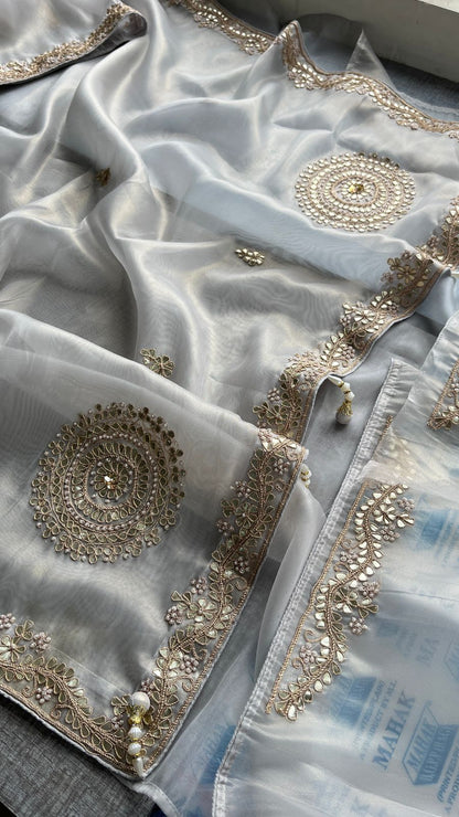 Soft Tissue Silk Saree with Gotapatti, Zardozi & Pearl Embellishments