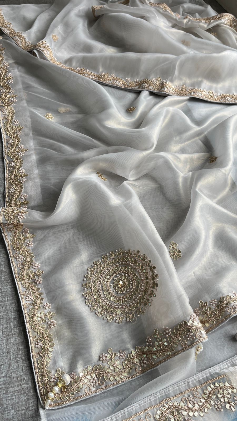 Soft Tissue Silk Saree with Gotapatti, Zardozi & Pearl Embellishments