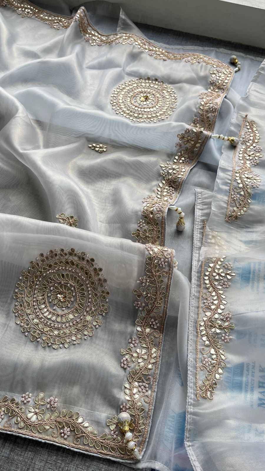 Soft Tissue Silk Saree with Gotapatti, Zardozi & Pearl Embellishments