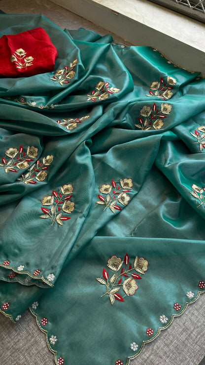 Handloom Zari Tissue Silk Saree with Zardozi, Pearl & Sequins Work