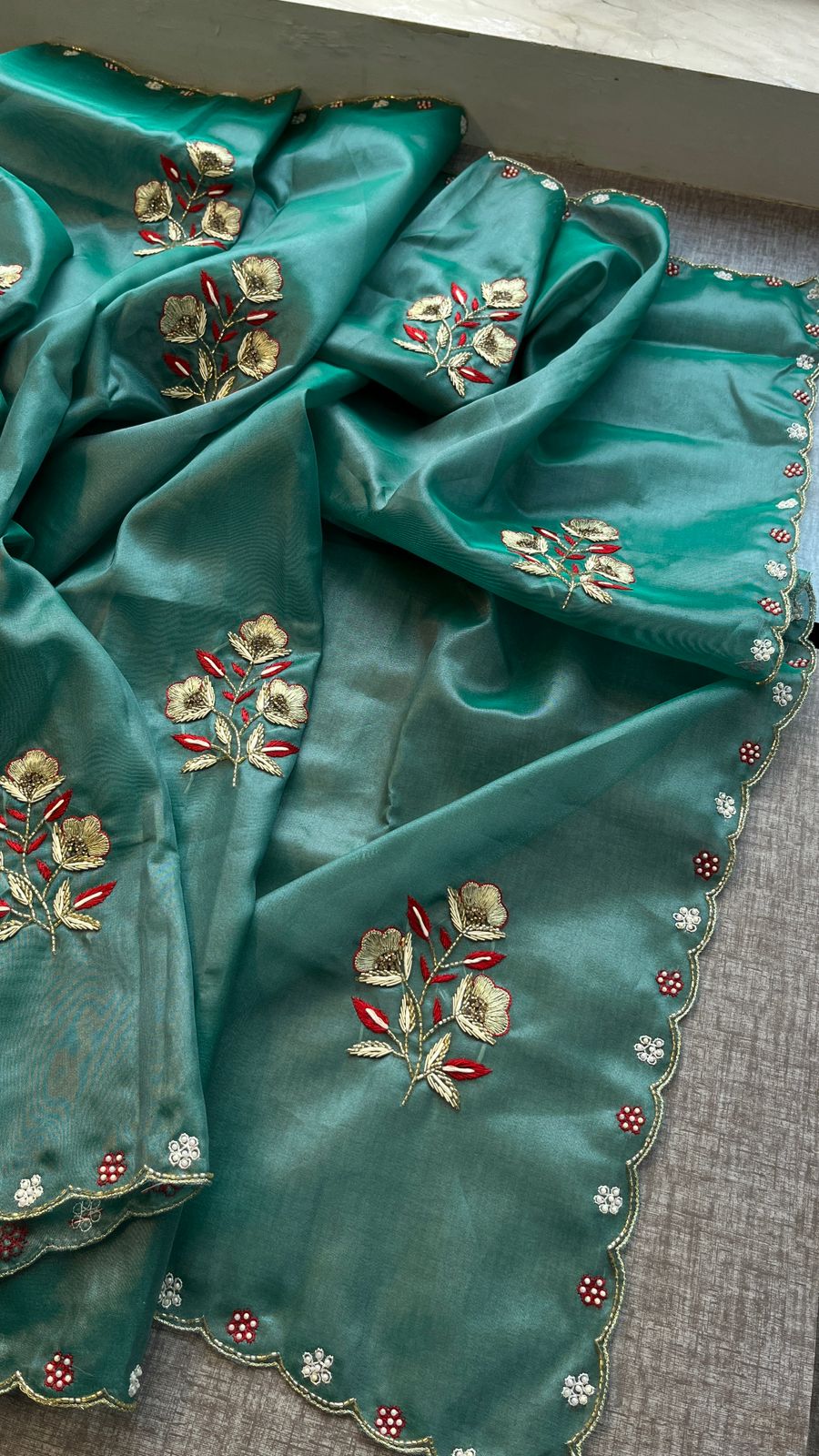 Handloom Zari Tissue Silk Saree with Zardozi, Pearl & Sequins Work