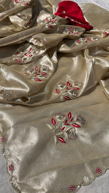 Handloom Zari Tissue Silk Saree with Zardozi, Pearl & Sequins Work