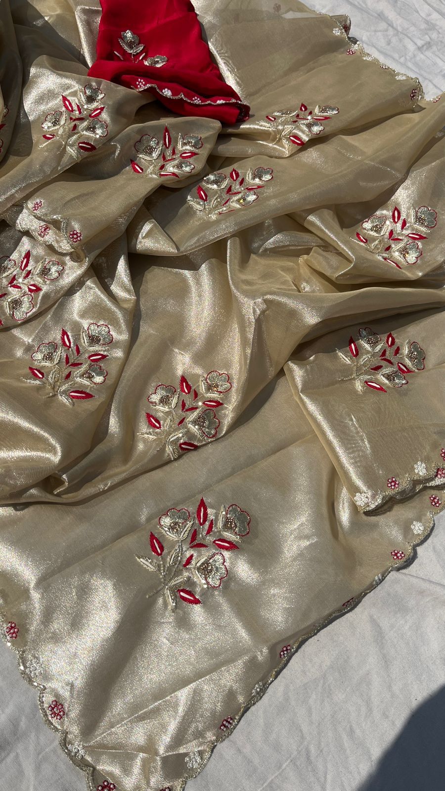 Handloom Zari Tissue Silk Saree with Zardozi, Pearl & Sequins Work