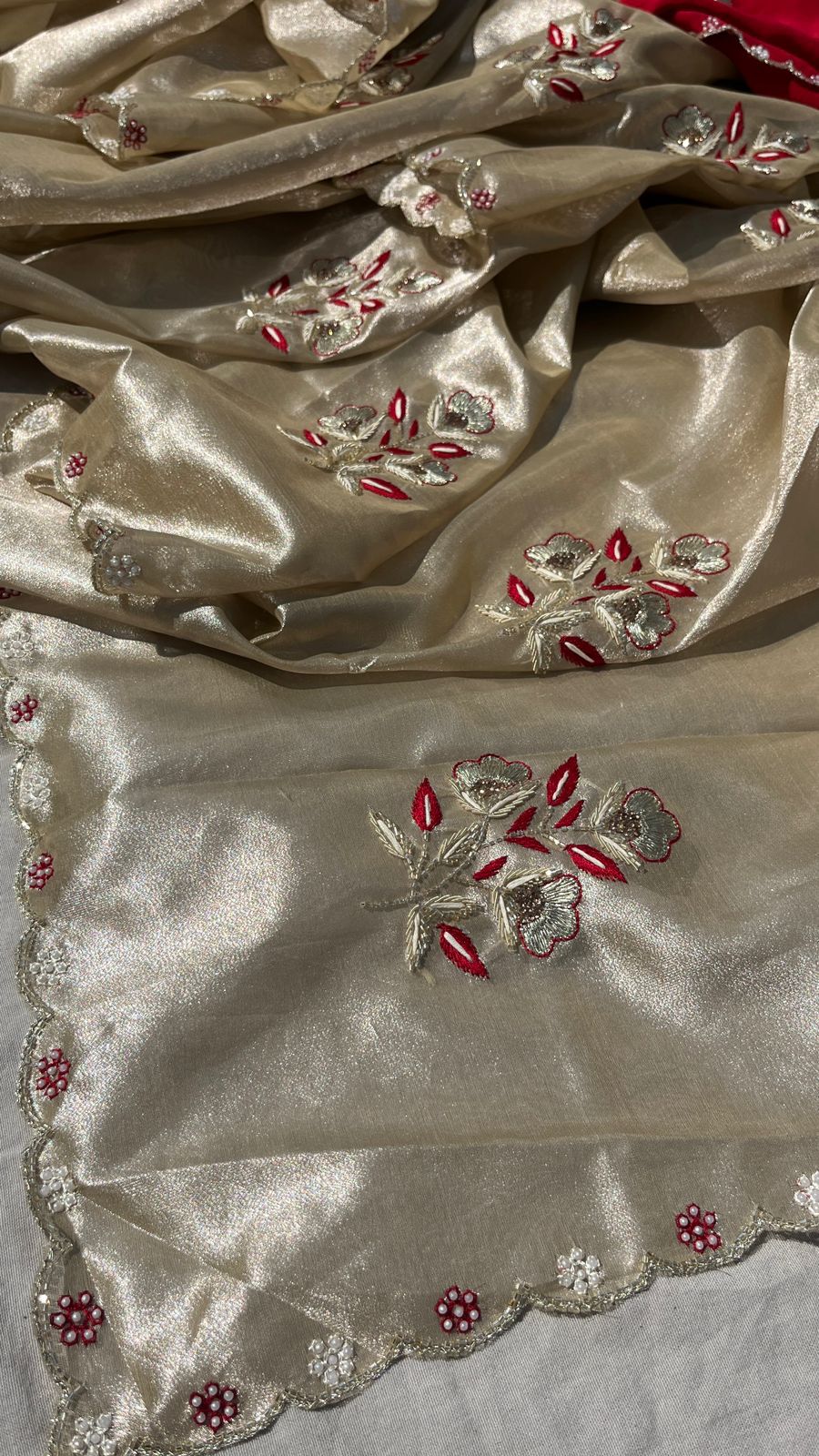 Handloom Zari Tissue Silk Saree with Zardozi, Pearl & Sequins Work