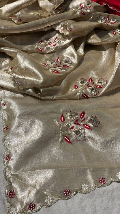 Handloom Zari Tissue Silk Saree with Zardozi, Pearl & Sequins Work