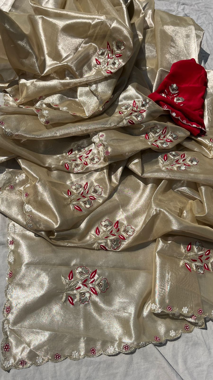 Handloom Zari Tissue Silk Saree with Zardozi, Pearl & Sequins Work