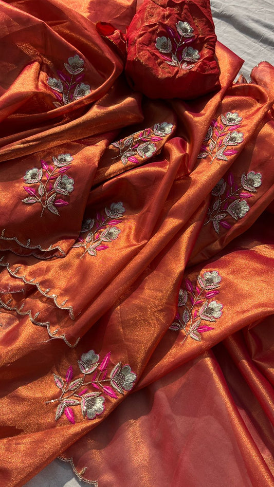 Handloom Zari Tissue Silk Saree with Zardozi, Pearl & Sequins Work