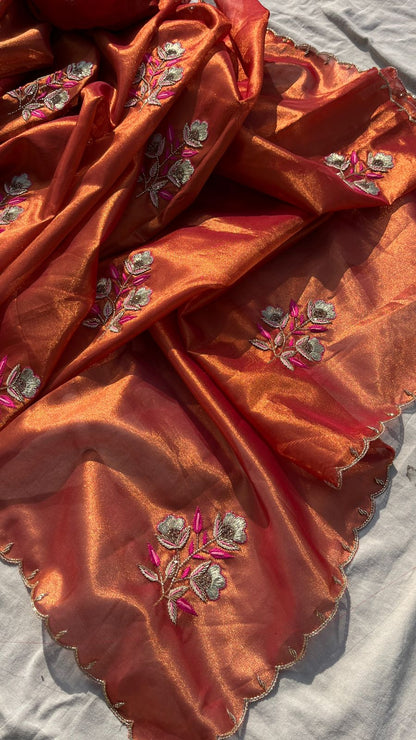 Handloom Zari Tissue Silk Saree with Zardozi, Pearl & Sequins Work