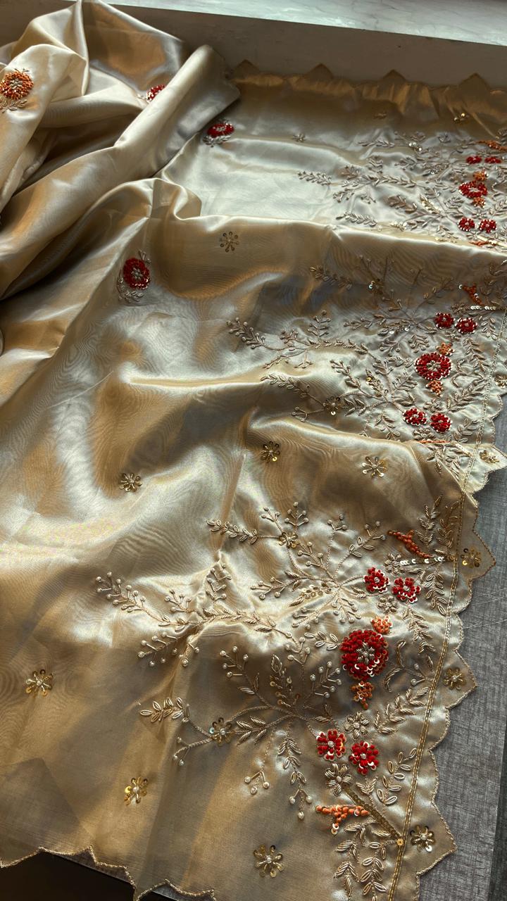 Handloom Zari Tissue Silk Saree with Zardozi, Sequins & Pearl Work