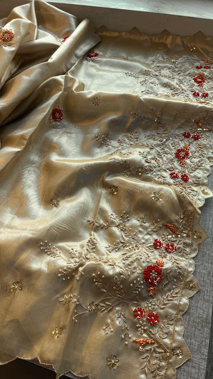 Handloom Zari Tissue Silk Saree with Zardozi, Sequins & Pearl Work