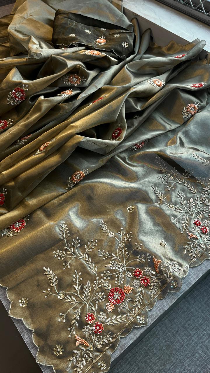 Handloom Zari Tissue Silk Saree with Zardozi, Sequins & Pearl Work