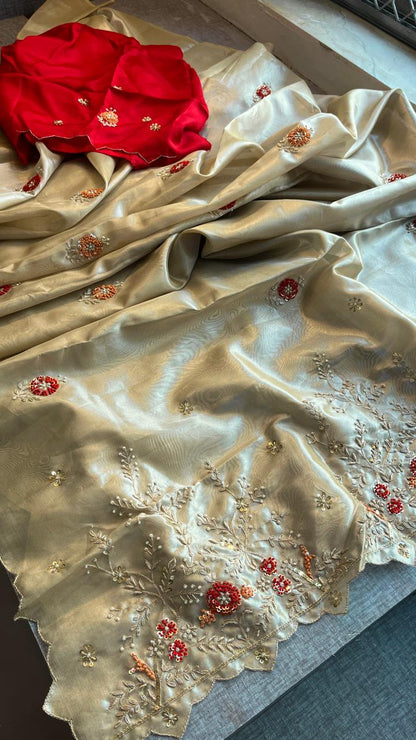 Handloom Zari Tissue Silk Saree with Zardozi, Sequins & Pearl Work