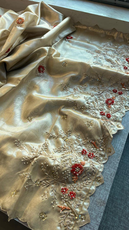 Handloom Zari Tissue Silk Saree with Zardozi, Sequins & Pearl Work