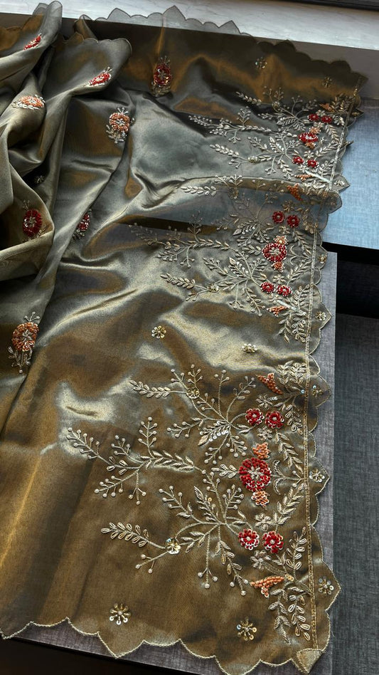 Handloom Zari Tissue Silk Saree with Zardozi, Sequins & Pearl Work