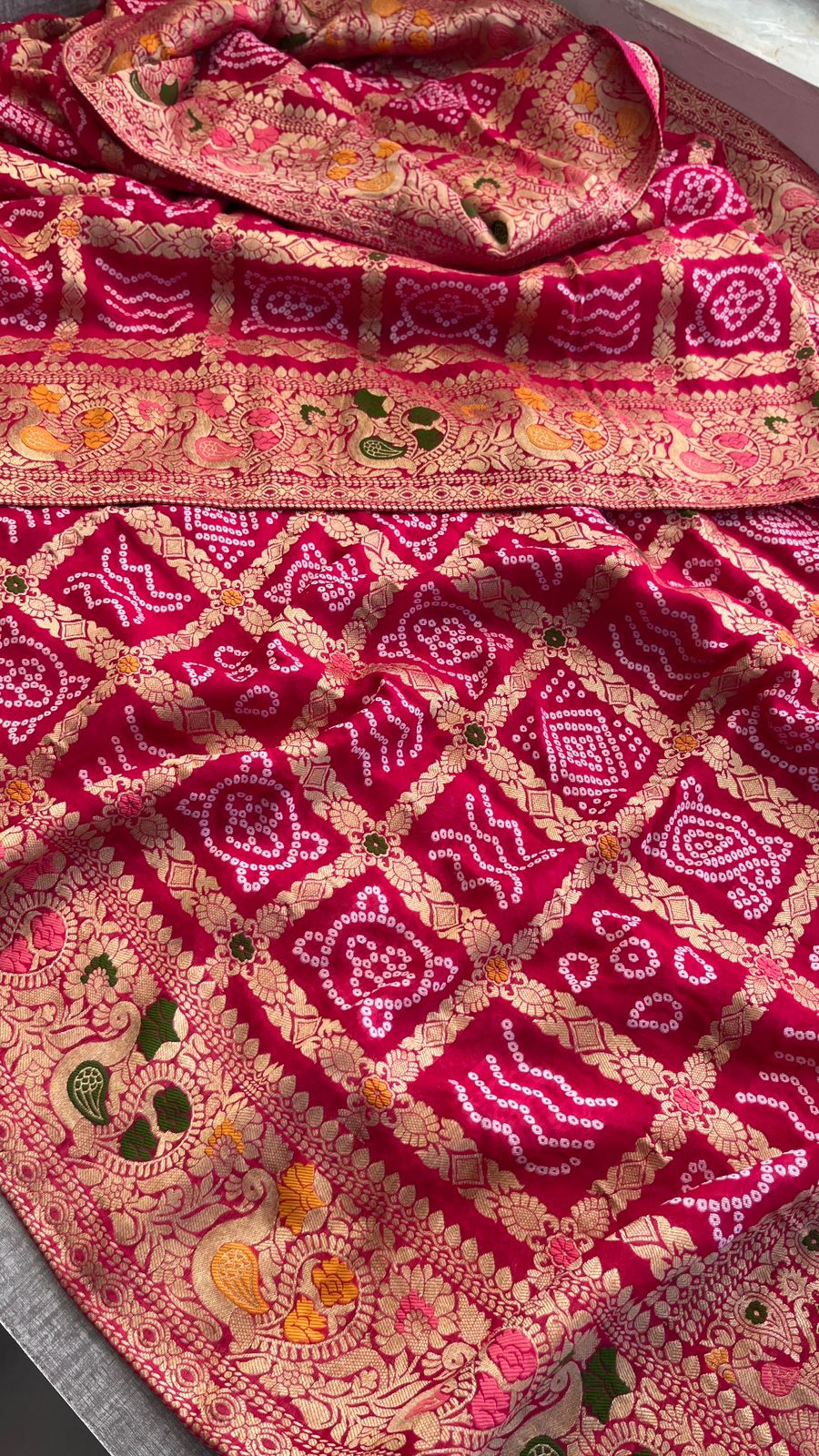 Pure Khaddi Georgette Saree with Bandhani & Meena Banarasi Weaving