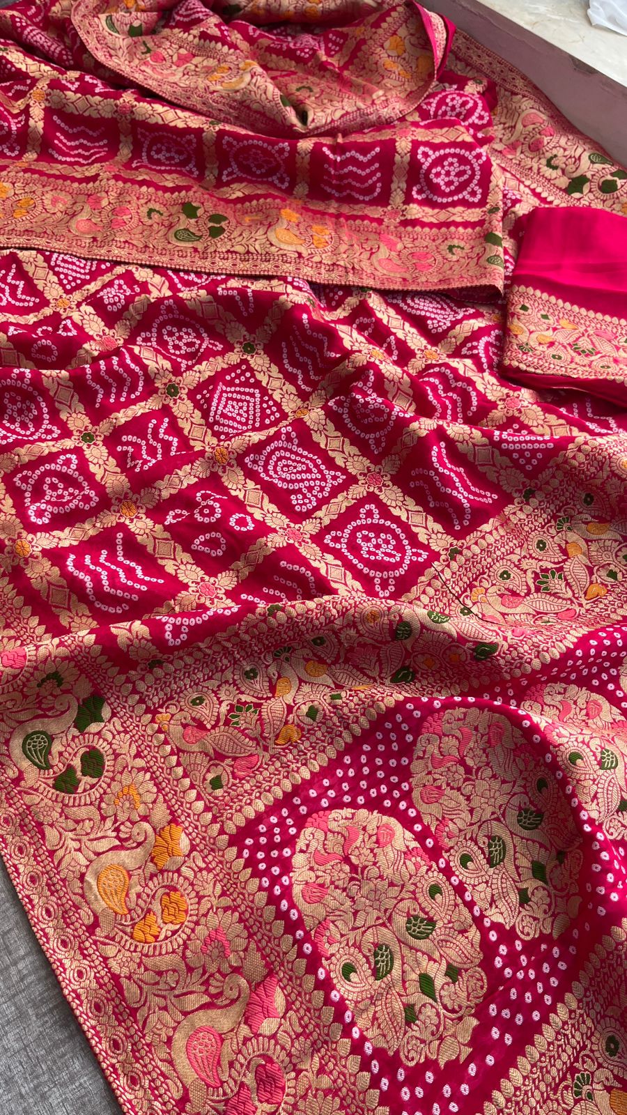 Pure Khaddi Georgette Saree with Bandhani & Meena Banarasi Weaving