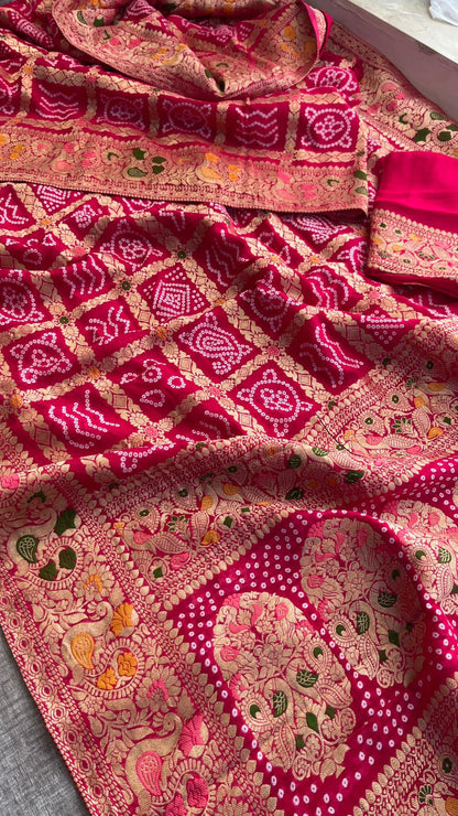 Pure Khaddi Georgette Saree with Bandhani & Meena Banarasi Weaving