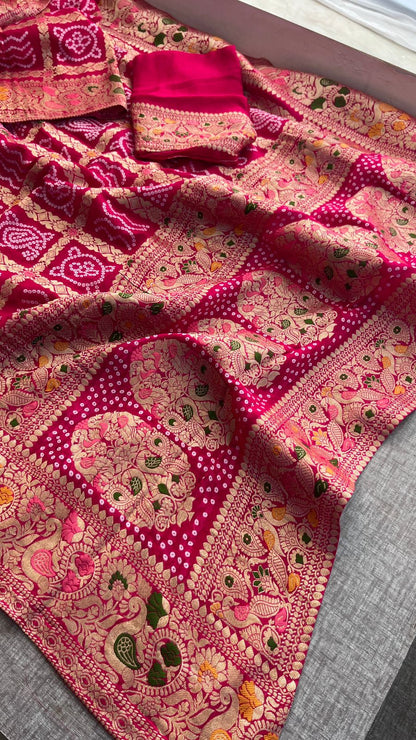 Pure Khaddi Georgette Saree with Bandhani & Meena Banarasi Weaving