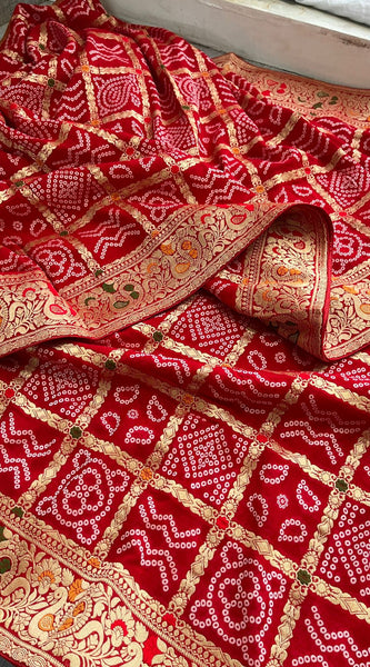 Pure Khaddi Georgette Saree with Bandhani & Meena Banarasi Weaving