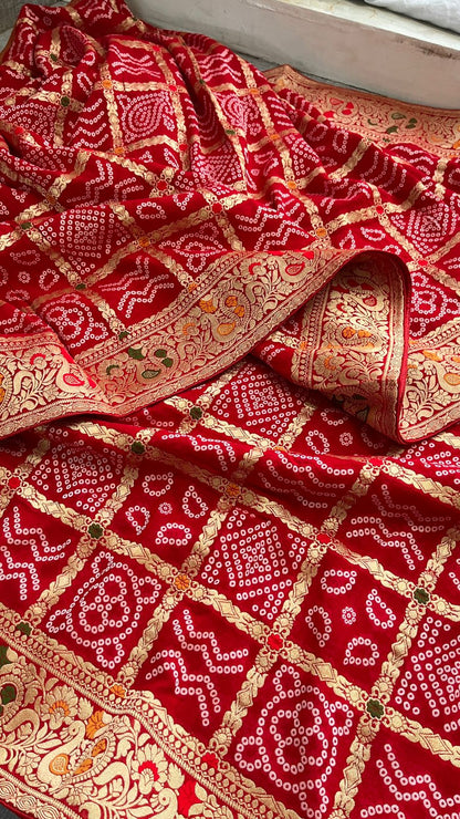 Pure Khaddi Georgette Saree with Bandhani & Meena Banarasi Weaving
