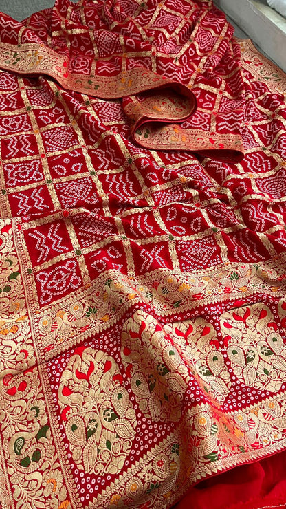 Pure Khaddi Georgette Saree with Bandhani & Meena Banarasi Weaving