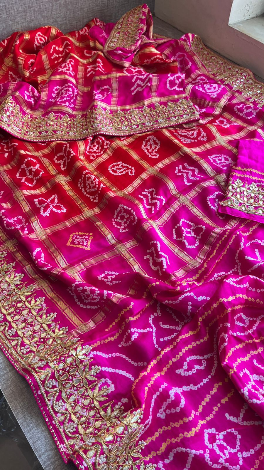 Gajji Silk Handcrafted Bandhani Saree with Zardozi, Gotapatti & Pearl Embellishments