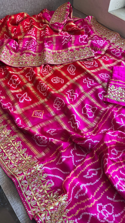 Gajji Silk Handcrafted Bandhani Saree with Zardozi, Gotapatti & Pearl Embellishments