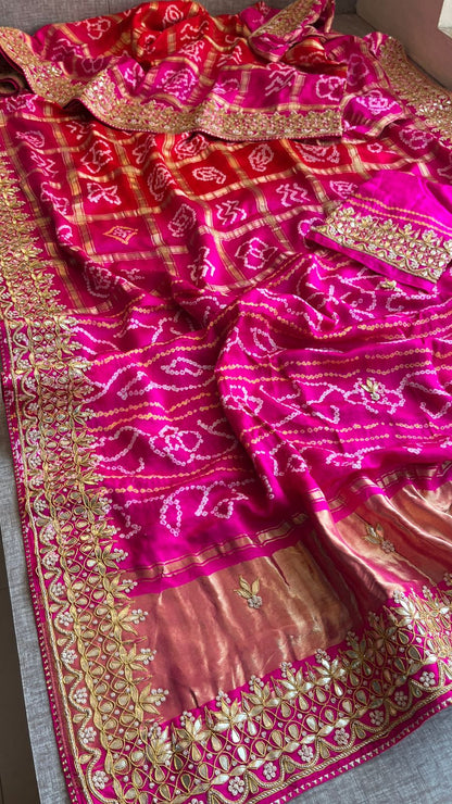 Gajji Silk Handcrafted Bandhani Saree with Zardozi, Gotapatti & Pearl Embellishments