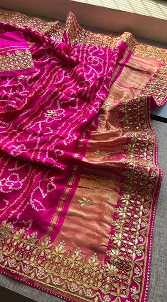 Gajji Silk Handcrafted Bandhani Saree with Zardozi, Gotapatti & Pearl Embellishments