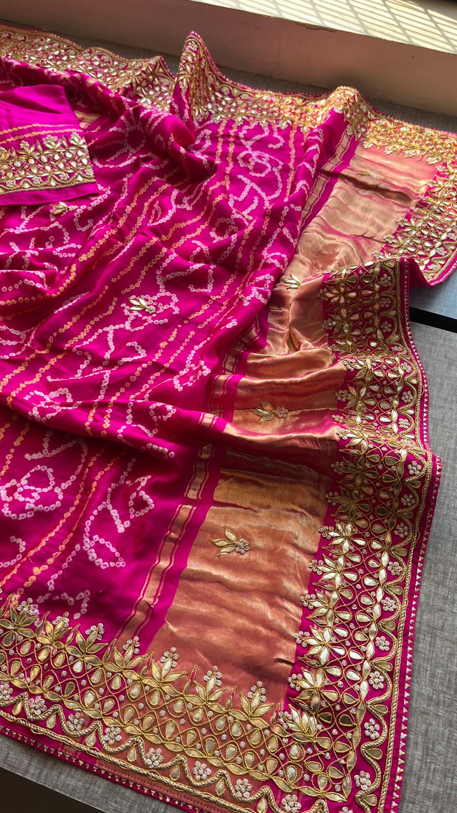 Gajji Silk Handcrafted Bandhani Saree with Zardozi, Gotapatti & Pearl Embellishments
