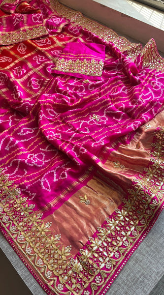 Gajji Silk Handcrafted Bandhani Saree with Zardozi, Gotapatti & Pearl Embellishments