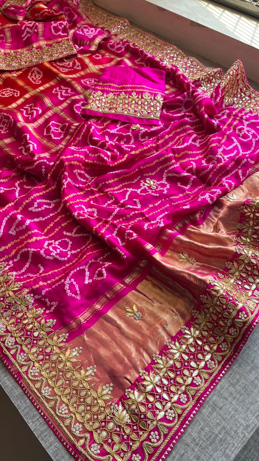 Gajji Silk Handcrafted Bandhani Saree with Zardozi, Gotapatti & Pearl Embellishments