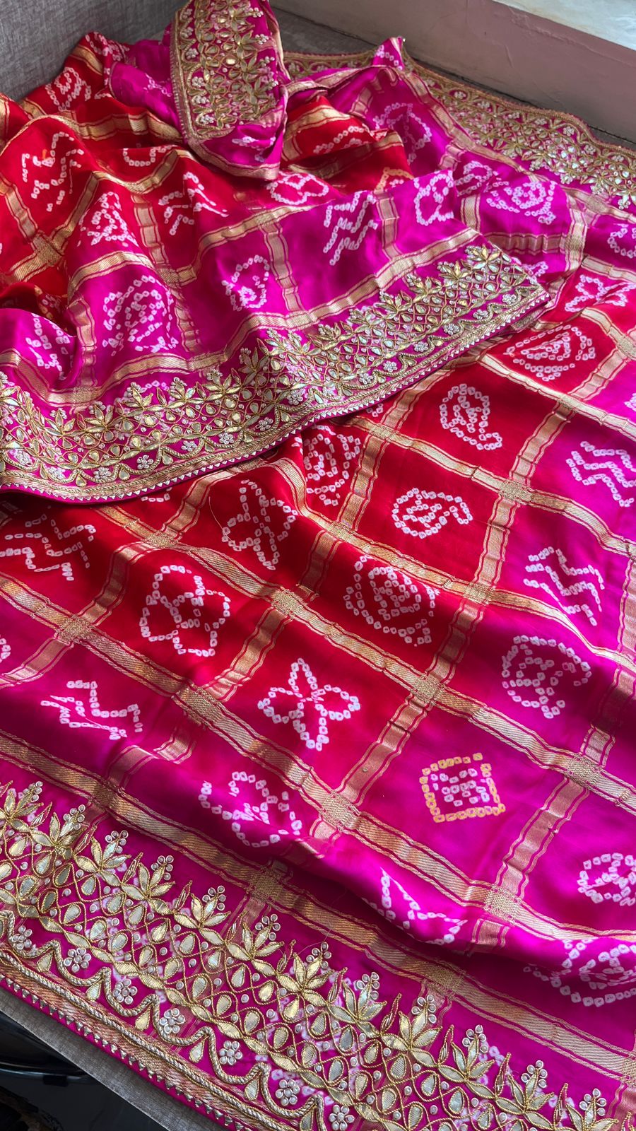 Gajji Silk Handcrafted Bandhani Saree with Zardozi, Gotapatti & Pearl Embellishments