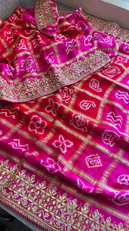Gajji Silk Handcrafted Bandhani Saree with Zardozi, Gotapatti & Pearl Embellishments