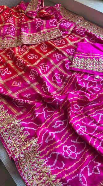 Gajji Silk Handcrafted Bandhani Saree with Zardozi, Gotapatti & Pearl Embellishments