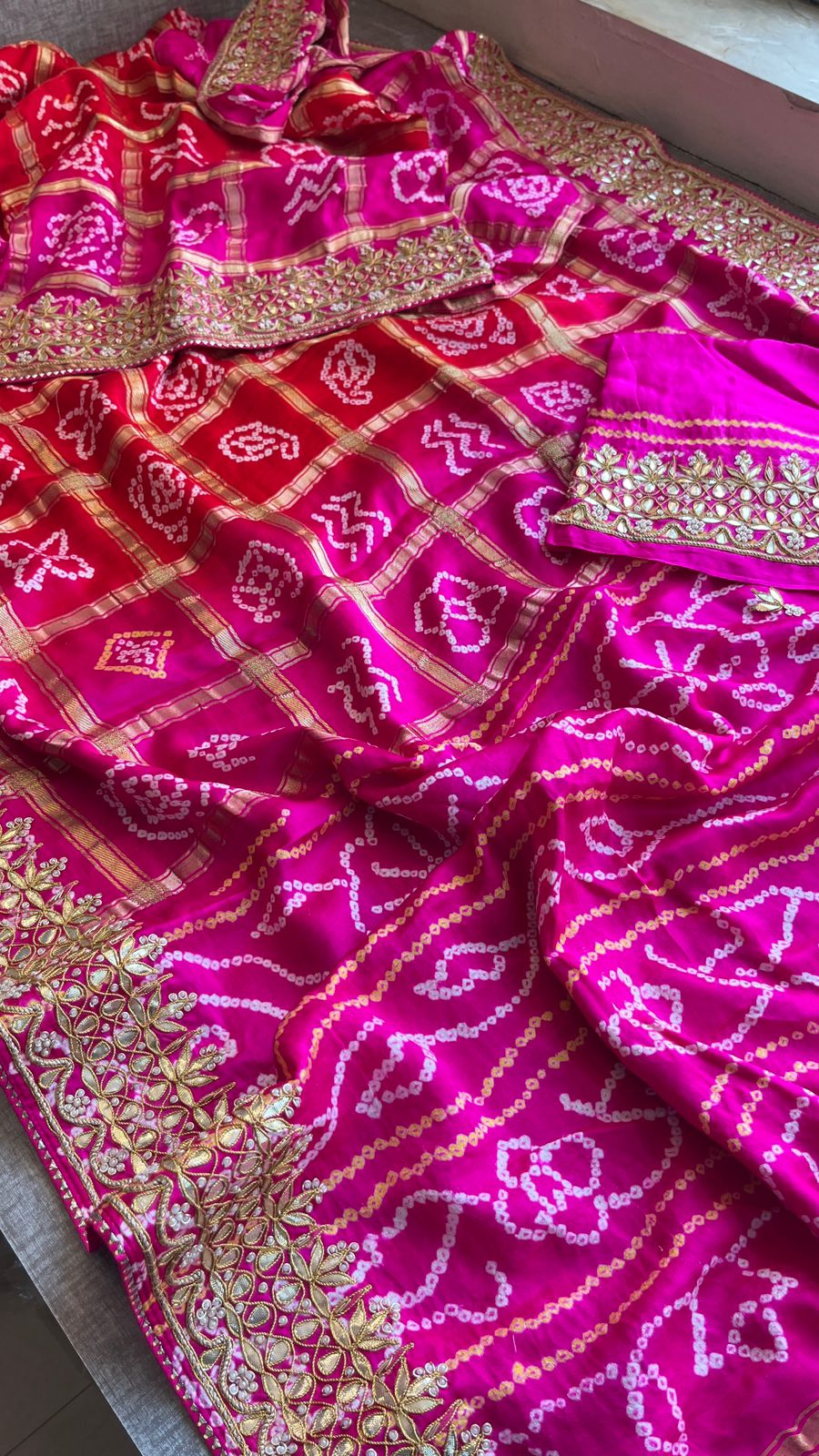 Gajji Silk Handcrafted Bandhani Saree with Zardozi, Gotapatti & Pearl Embellishments