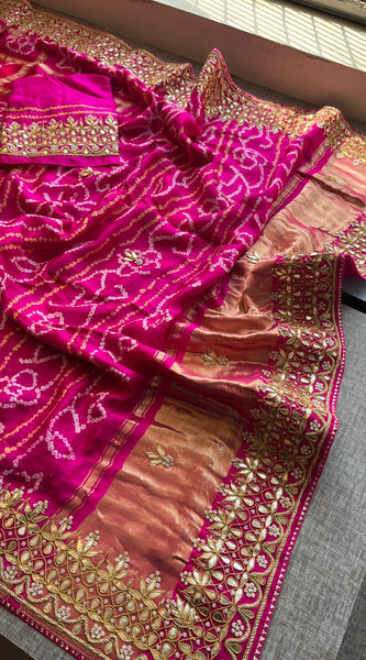 Gajji Silk Handcrafted Bandhani Saree with Zardozi, Gotapatti & Pearl Embellishments