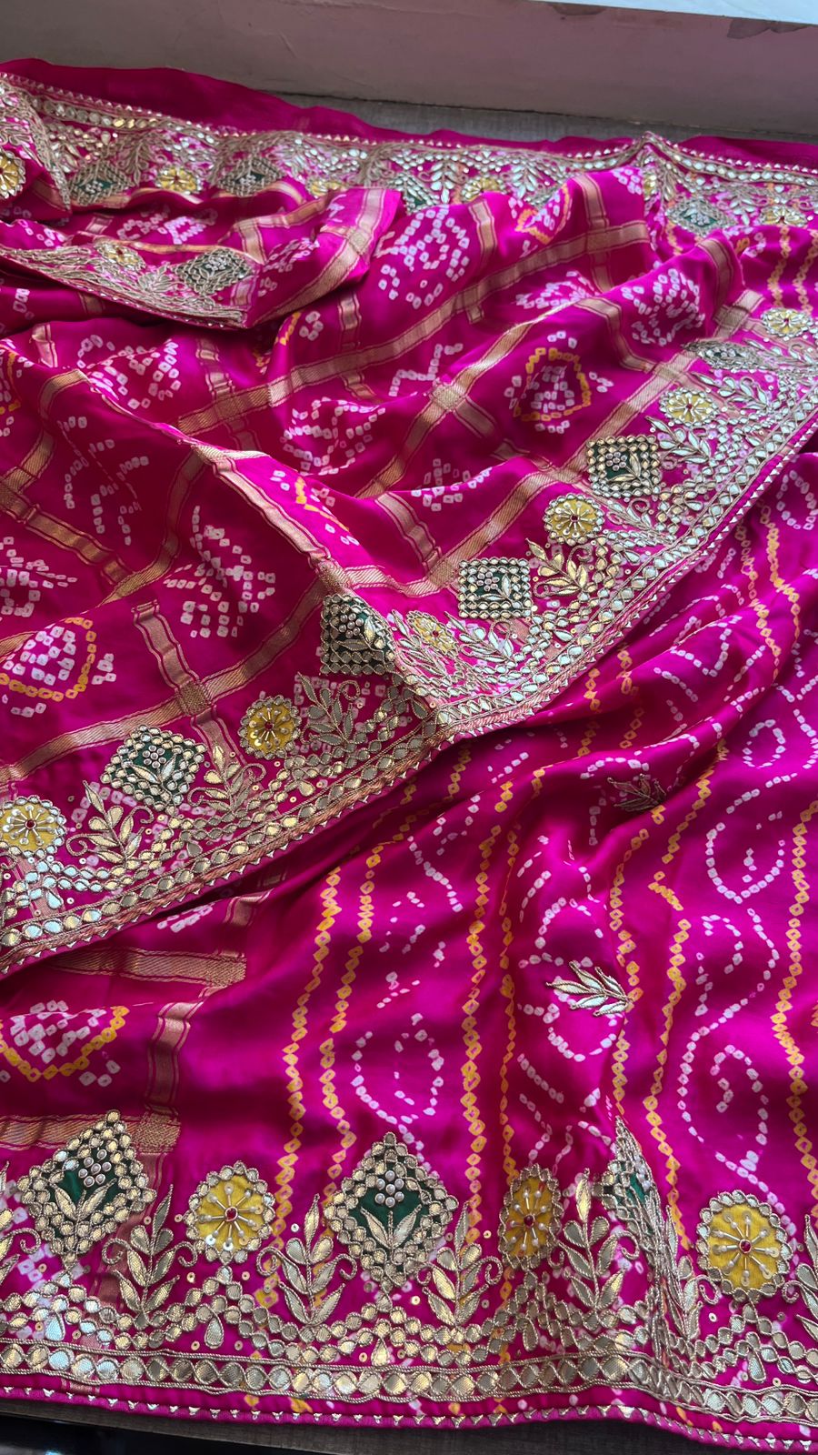 Pure Gajji Silk Handmade Bandhani Saree with Zardozi, Gotapatti & Pearl Detailing