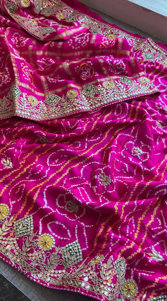 Pure Gajji Silk Handmade Bandhani Saree with Zardozi, Gotapatti & Pearl Detailing