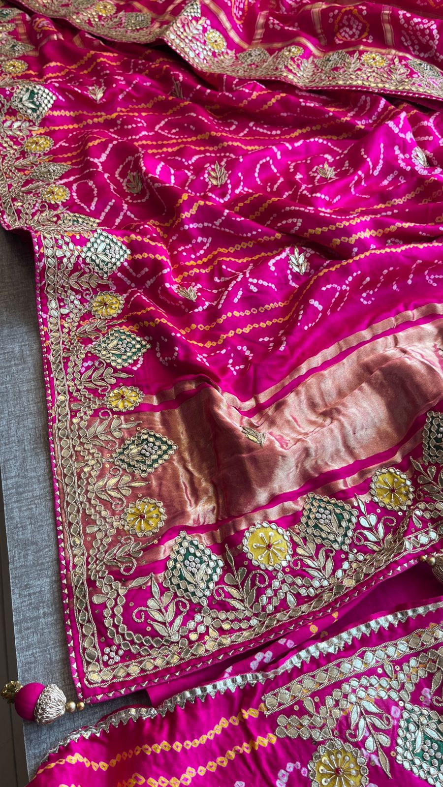 Pure Gajji Silk Handmade Bandhani Saree with Zardozi, Gotapatti & Pearl Detailing