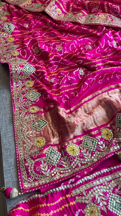 Pure Gajji Silk Handmade Bandhani Saree with Zardozi, Gotapatti & Pearl Detailing
