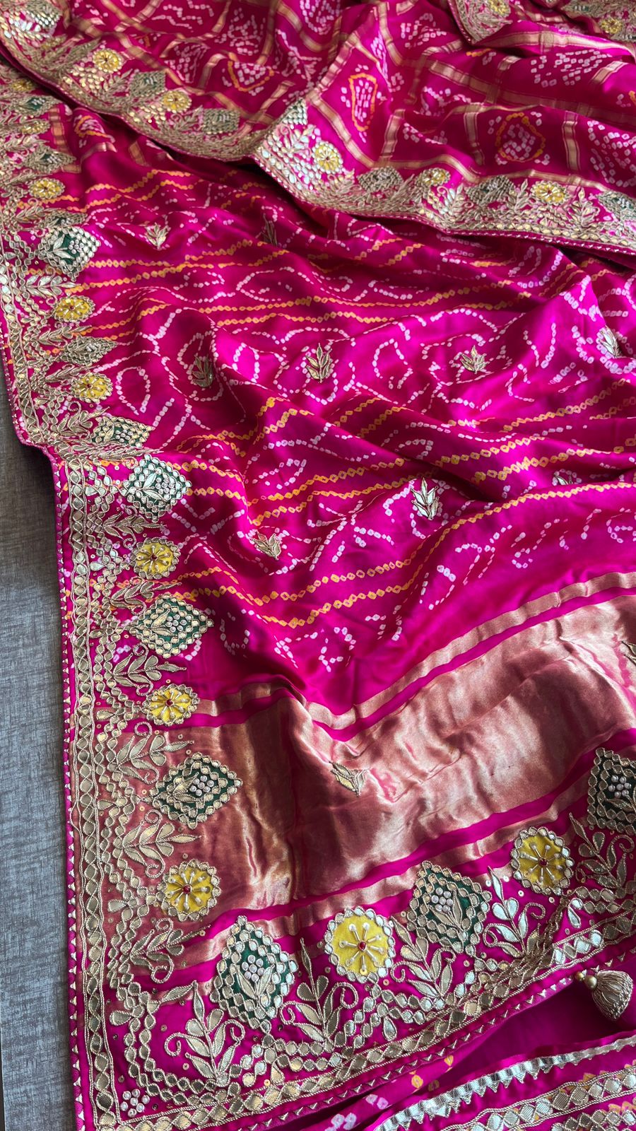 Pure Gajji Silk Handmade Bandhani Saree with Zardozi, Gotapatti & Pearl Detailing
