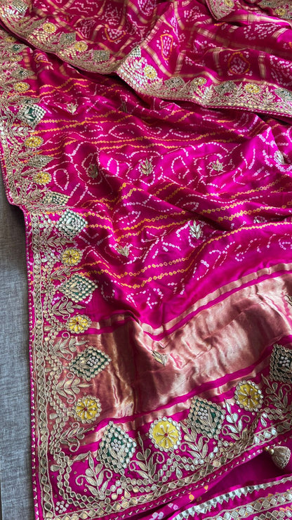 Pure Gajji Silk Handmade Bandhani Saree with Zardozi, Gotapatti & Pearl Detailing