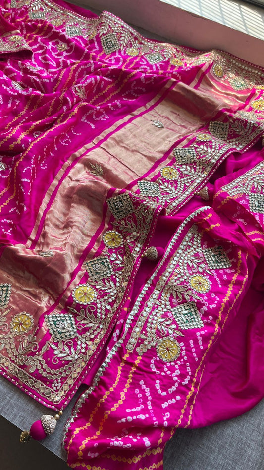 Pure Gajji Silk Handmade Bandhani Saree with Zardozi, Gotapatti & Pearl Detailing