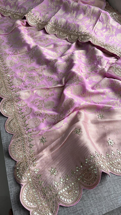 Pure Khaddi Georgette Banarasi Saree with Gotapatti, Zardozi &amp; Pearl Embellishments