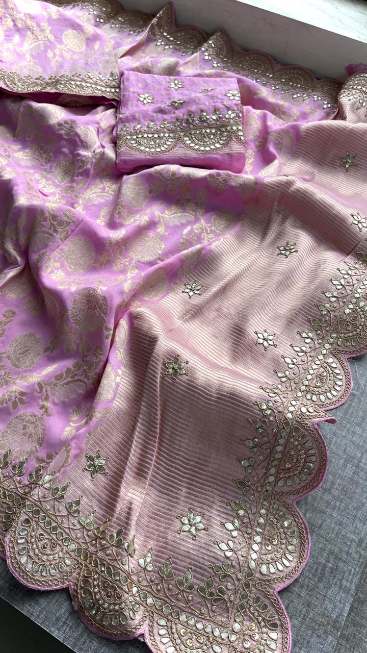 Pure Khaddi Georgette Banarasi Saree with Gotapatti, Zardozi &amp; Pearl Embellishments
