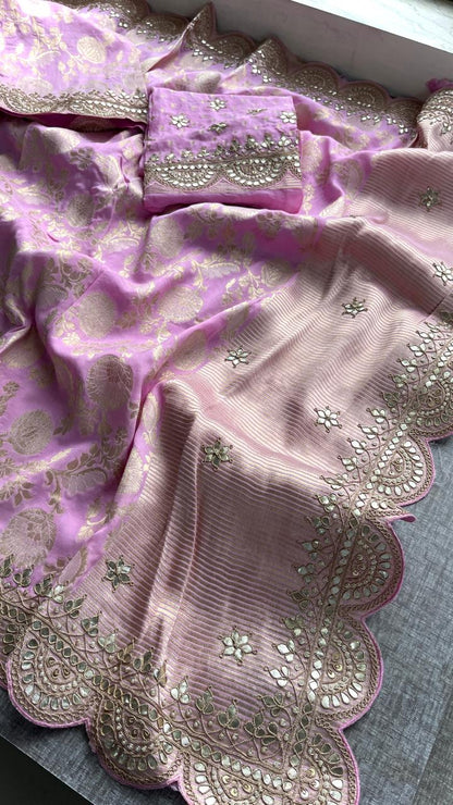Pure Khaddi Georgette Banarasi Saree with Gotapatti, Zardozi &amp; Pearl Embellishments