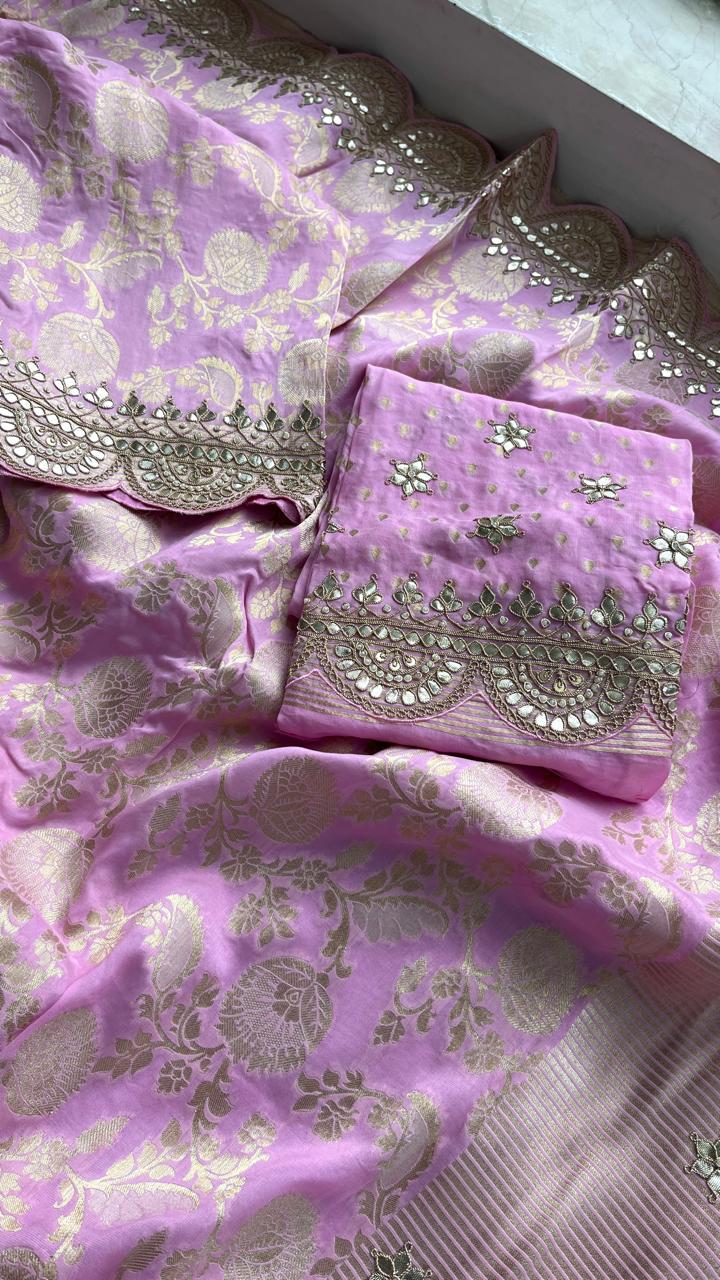 Pure Khaddi Georgette Banarasi Saree with Gotapatti, Zardozi &amp; Pearl Embellishments